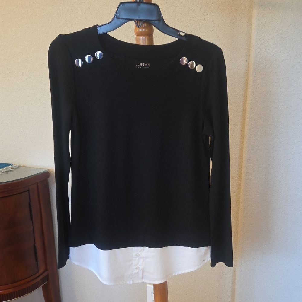 Jones New York Black Long Sleeve Women's Top with White Accents, XS
